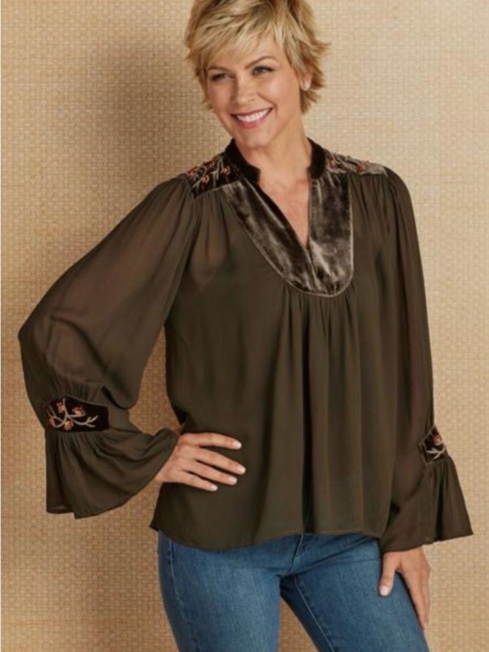 Soft Surroundings Olive Sheer Blouse with Velvet Yoke & Embroidered Accents